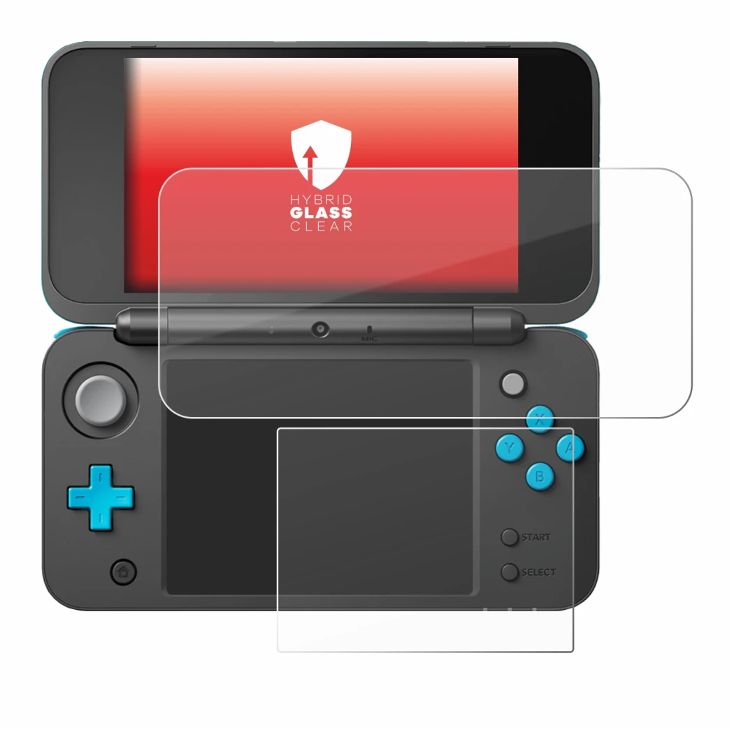 Abbildung des Geräts New Nintendo 2DS XL mit einer Vielzahl des Displayschutzes.