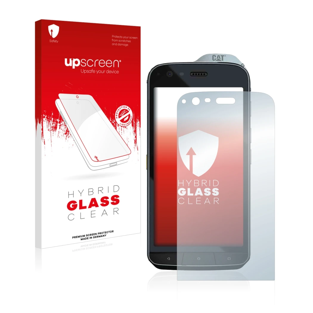 Vorderseite einer Produktverpackung mit dem Markenlogo upscreen. Daneben ist das Gerät Caterpillar Cat S61 mit dem zugehörigen