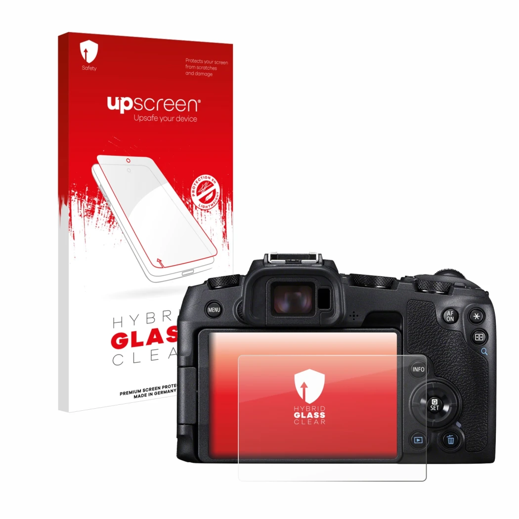 Vorderseite einer Produktverpackung mit dem Markenlogo upscreen. Daneben ist das Gerät Canon EOS RP mit dem zugehörigen Displa