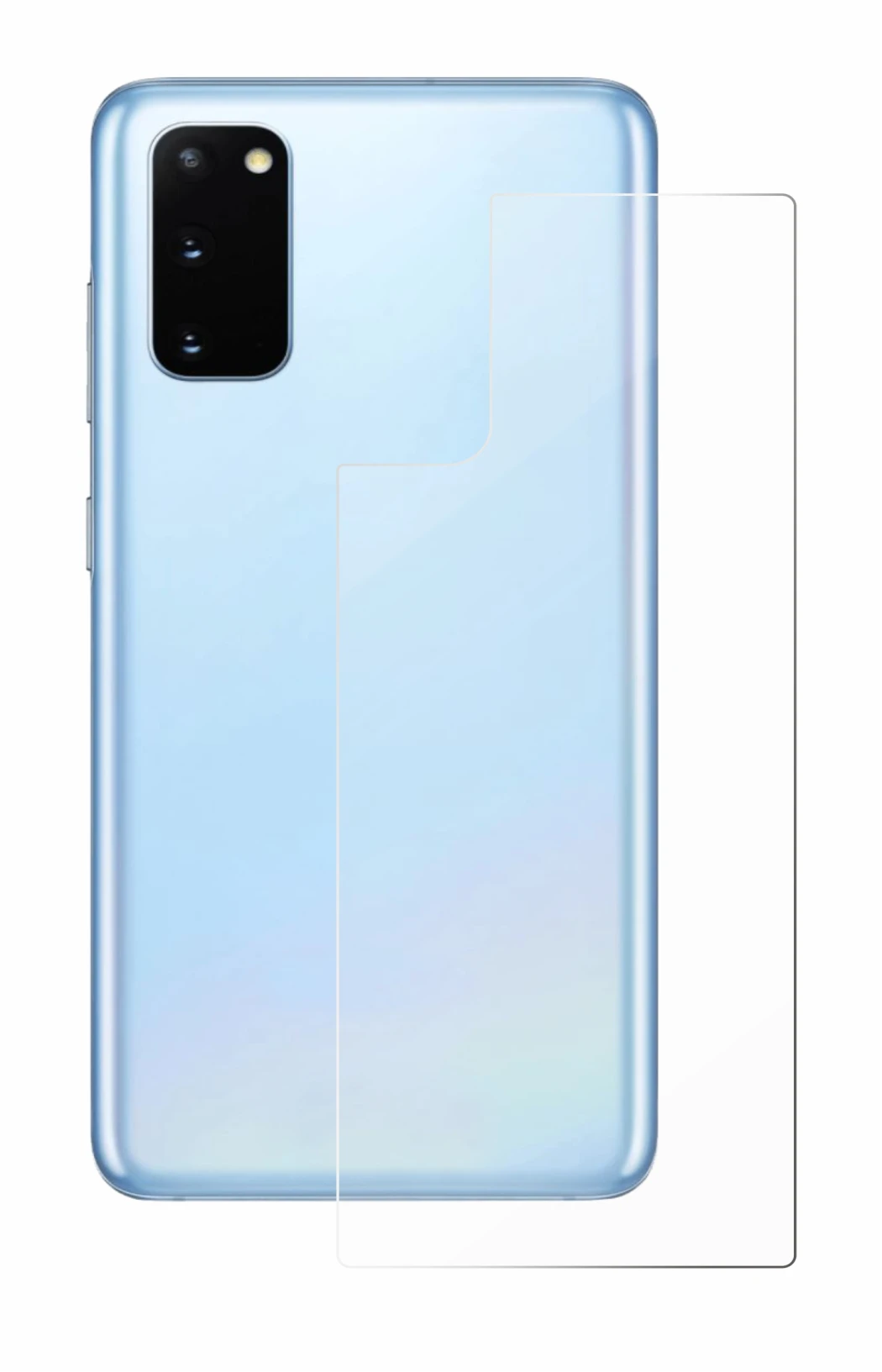 Abbildung des Geräts Samsung Galaxy S20 (Rückseite) mit einer Vielzahl des Displayschutzes.