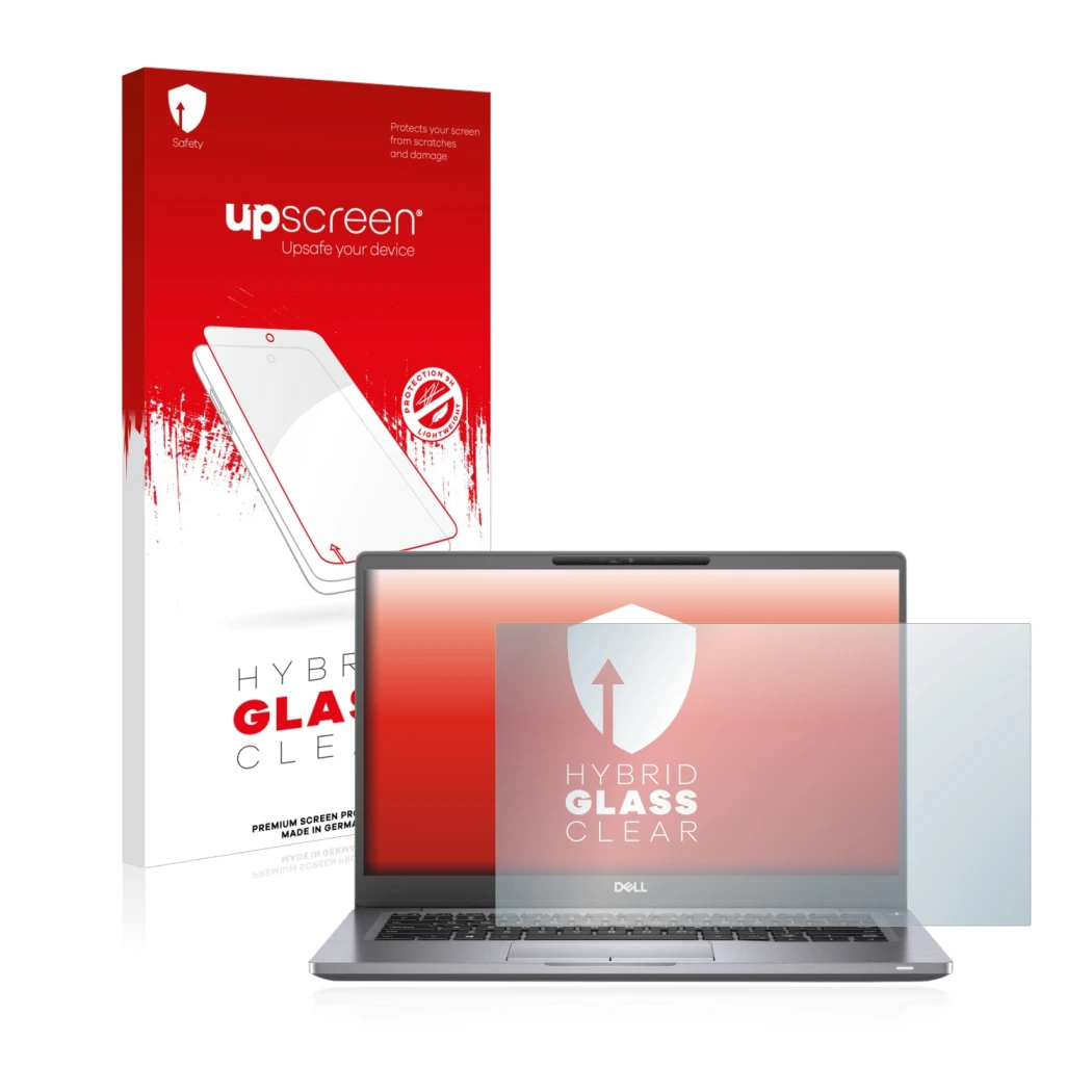 Vorderseite einer Produktverpackung mit dem Markenlogo upscreen. Daneben ist das Gerät Dell Latitude 7300 mit dem zugehörigen 