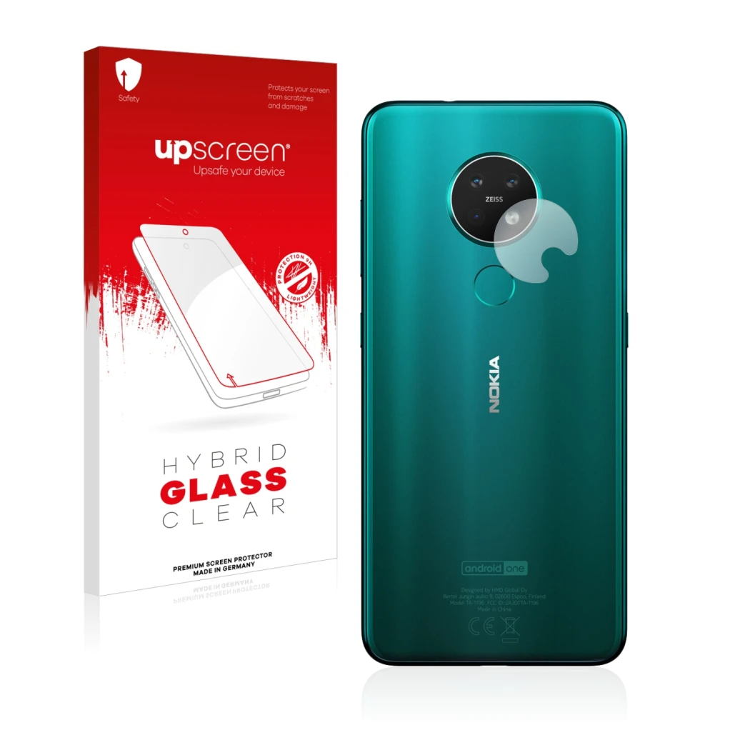 Vorderseite einer Produktverpackung mit dem Markenlogo upscreen. Daneben ist das Gerät Nokia 7.2 (NUR Kameraschutz) mit dem zu