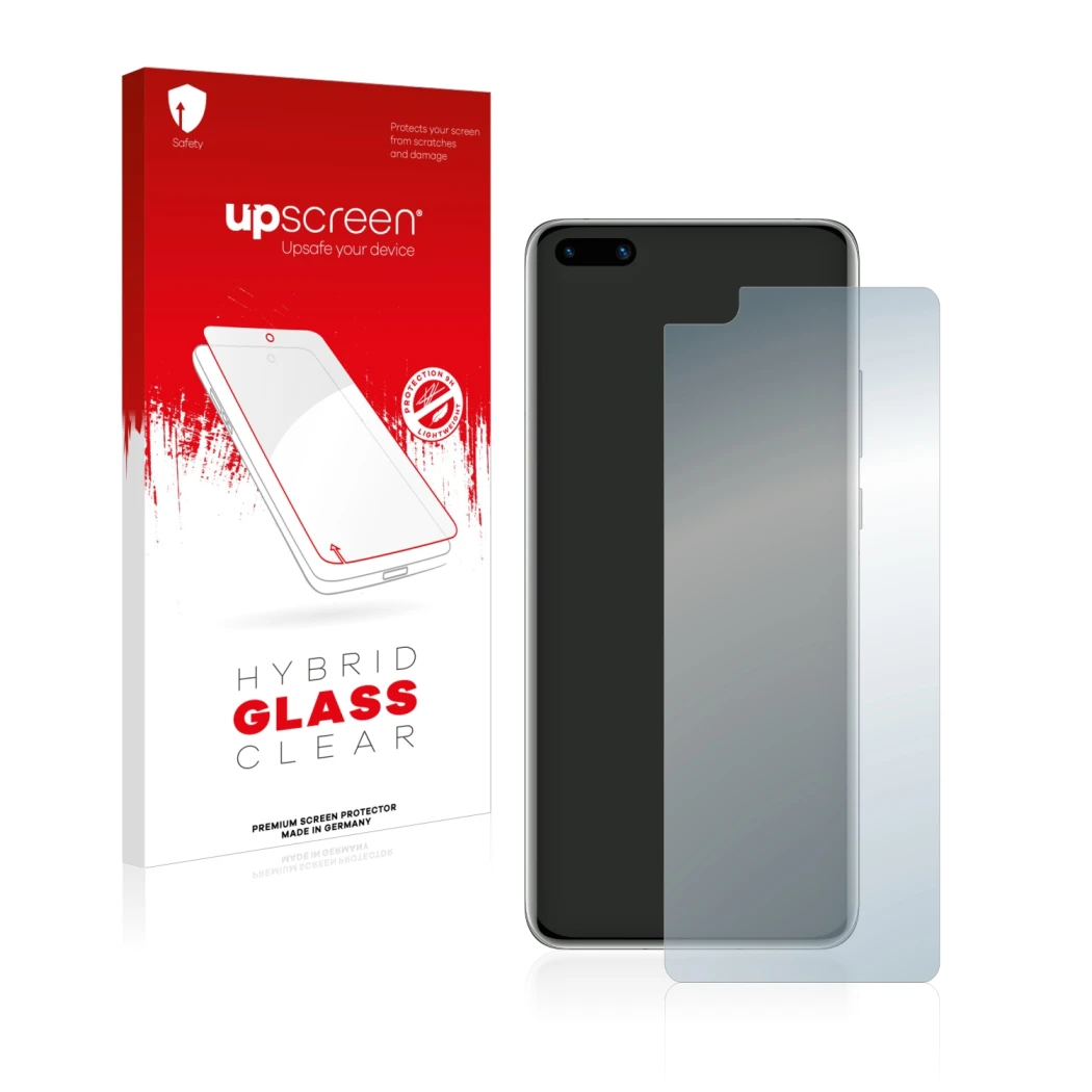 Vorderseite einer Produktverpackung mit dem Markenlogo upscreen. Daneben ist das Gerät Huawei P40 mit dem zugehörigen Displays