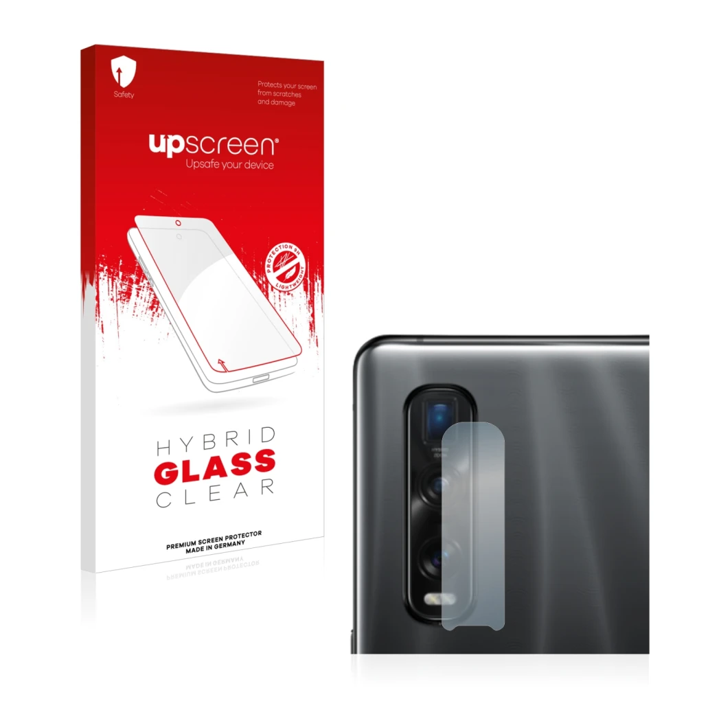 Vorderseite einer Produktverpackung mit dem Markenlogo upscreen. Daneben ist das Gerät Oppo Find X2 Pro (NUR Kameraschutz) mit