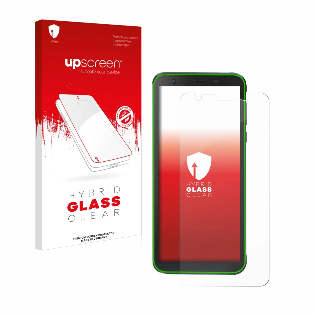 Vorderseite einer Produktverpackung mit dem Markenlogo upscreen. Daneben ist das Gerät Blackview BV6300 Pro mit dem zugehörige