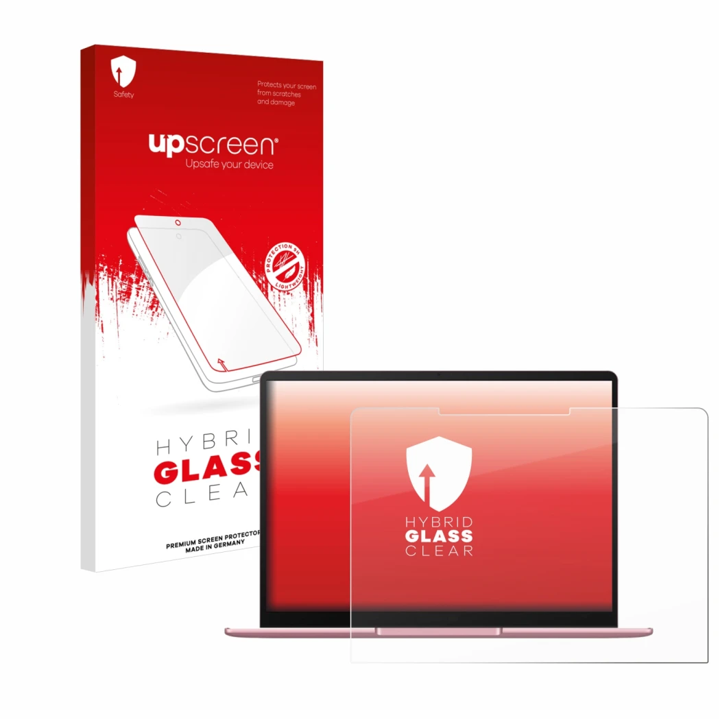 Vorderseite einer Produktverpackung mit dem Markenlogo upscreen. Daneben ist das Gerät Huawei MateBook 13 2020 mit dem zugehör