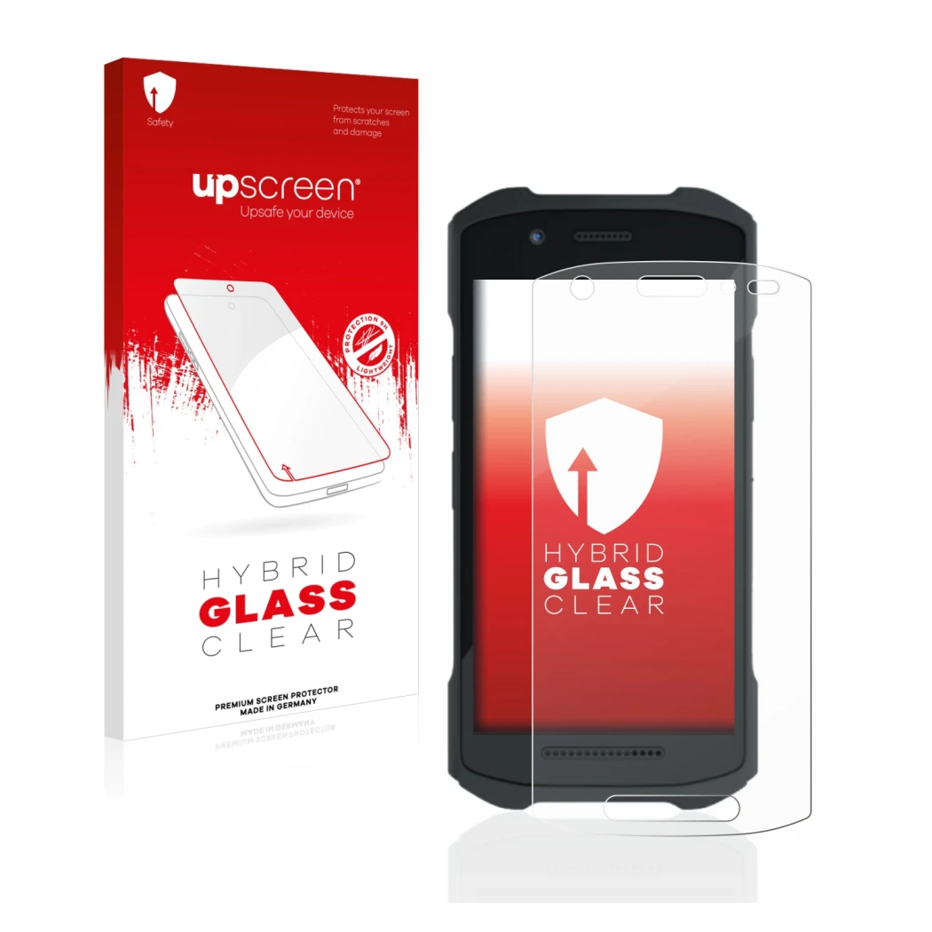 Vorderseite einer Produktverpackung mit dem Markenlogo upscreen. Daneben ist das Gerät Zebra TC21 mit dem zugehörigen Displays