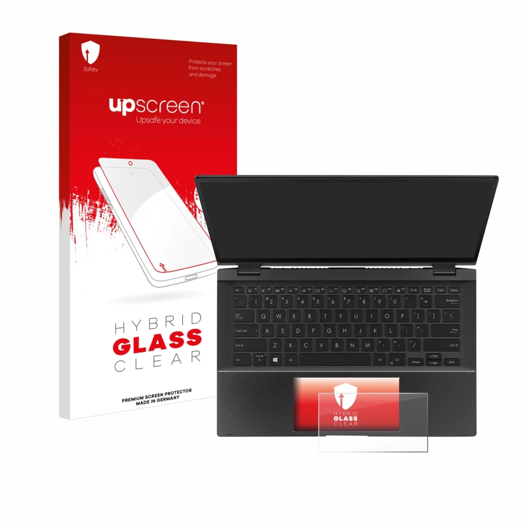 Vorderseite einer Produktverpackung mit dem Markenlogo upscreen. Daneben ist das Gerät ASUS ZenBook Flip 14 UX463FA (Touch Tra