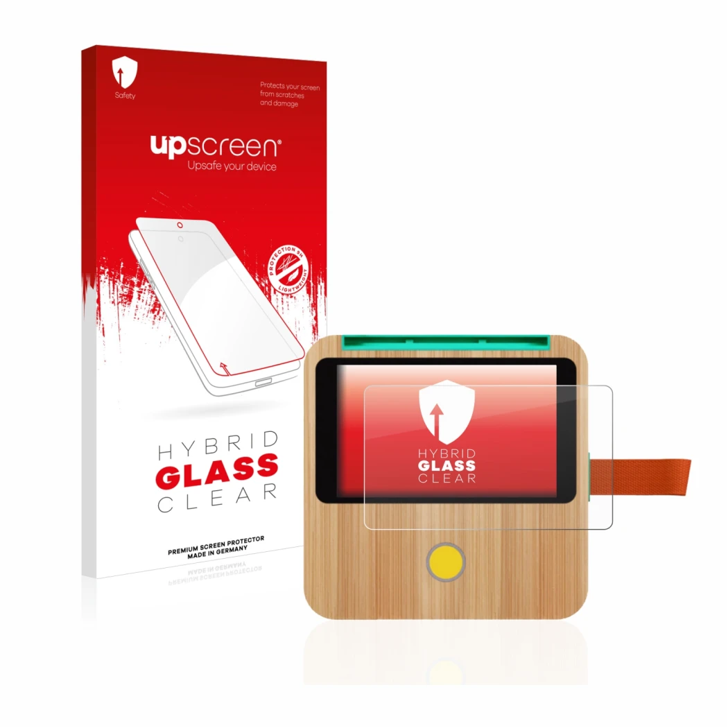 Vorderseite einer Produktverpackung mit dem Markenlogo upscreen. Daneben ist das Gerät tigerbox Touch mit dem zugehörigen Disp