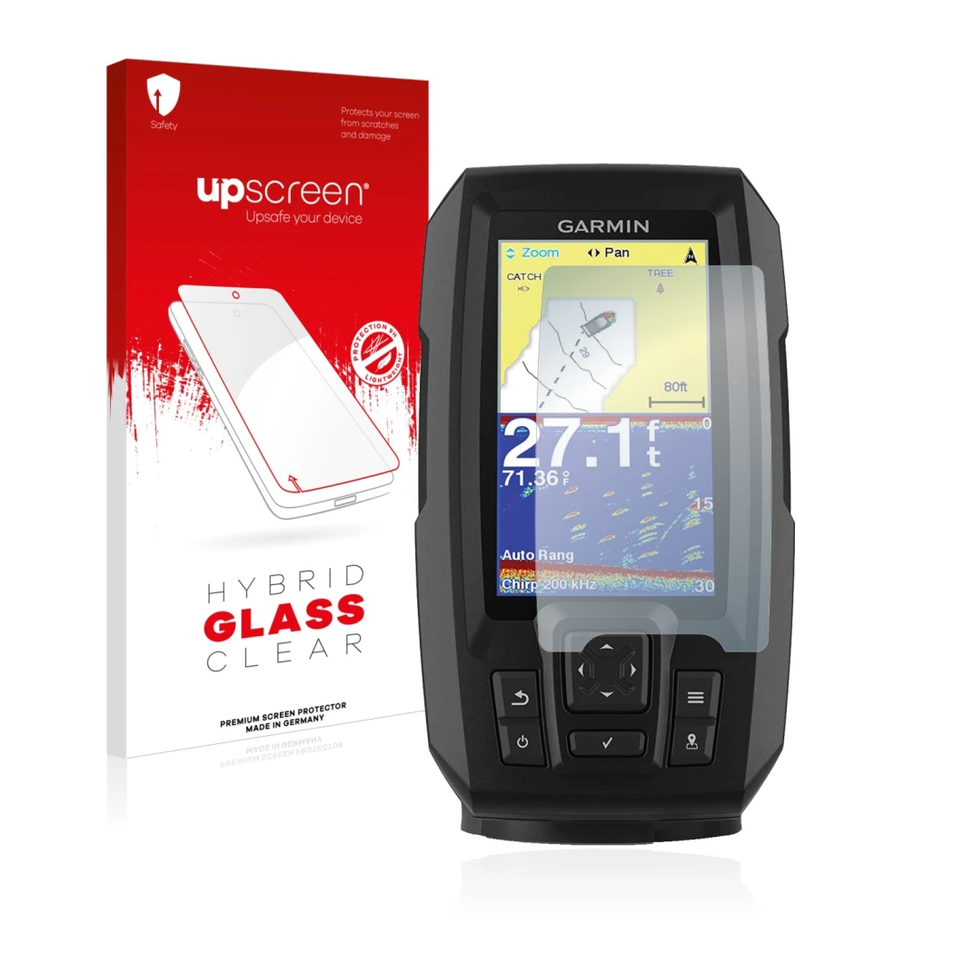 Vorderseite einer Produktverpackung mit dem Markenlogo upscreen. Daneben ist das Gerät Garmin Striker Vivid 4cv mit dem zugehö