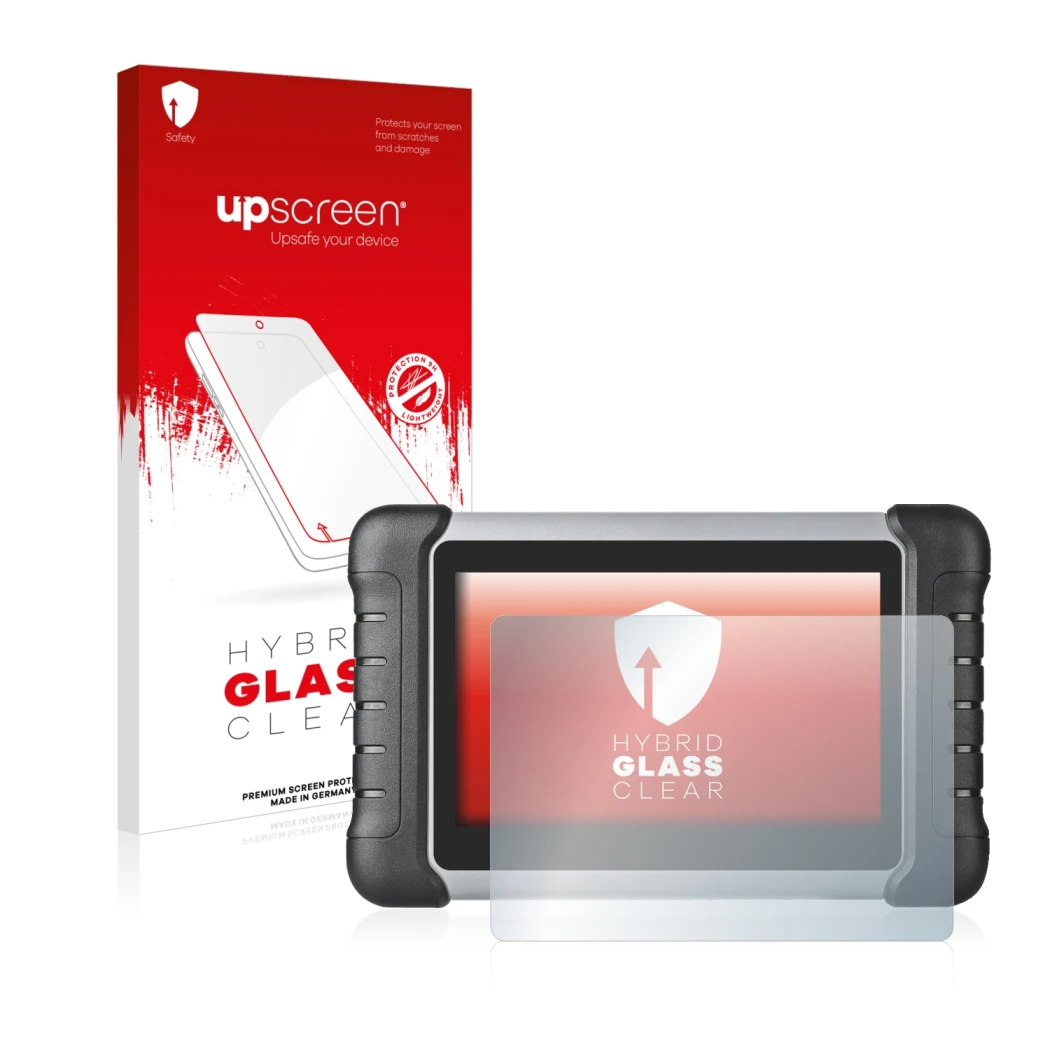 Vorderseite einer Produktverpackung mit dem Markenlogo upscreen. Daneben ist das Gerät Autel MaxiCOM MK808 mit dem zugehörigen