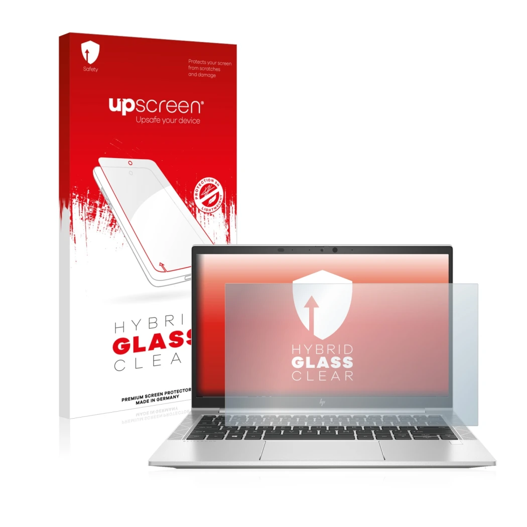 Vorderseite einer Produktverpackung mit dem Markenlogo upscreen. Daneben ist das Gerät HP EliteBook 830 G7 Non-Touch mit dem z