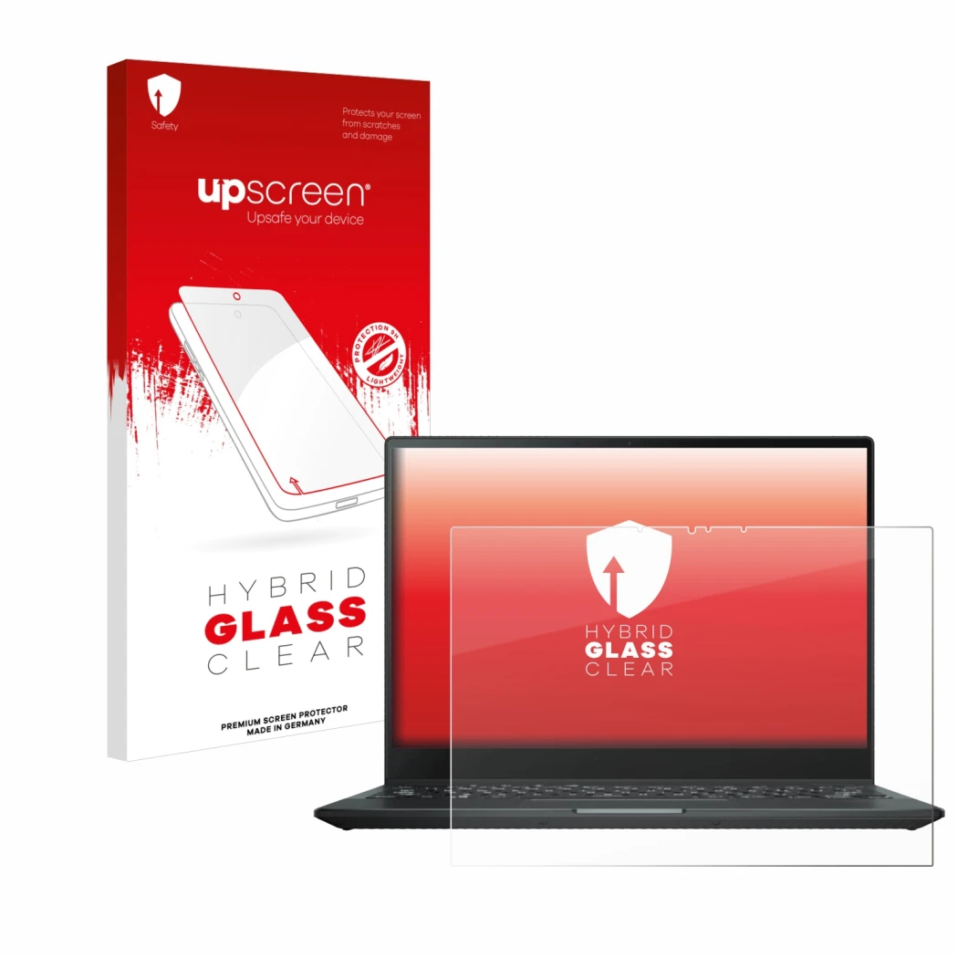 Vorderseite einer Produktverpackung mit dem Markenlogo upscreen. Daneben ist das Gerät ASUS Rog Flow X13 2022 mit dem zugehöri