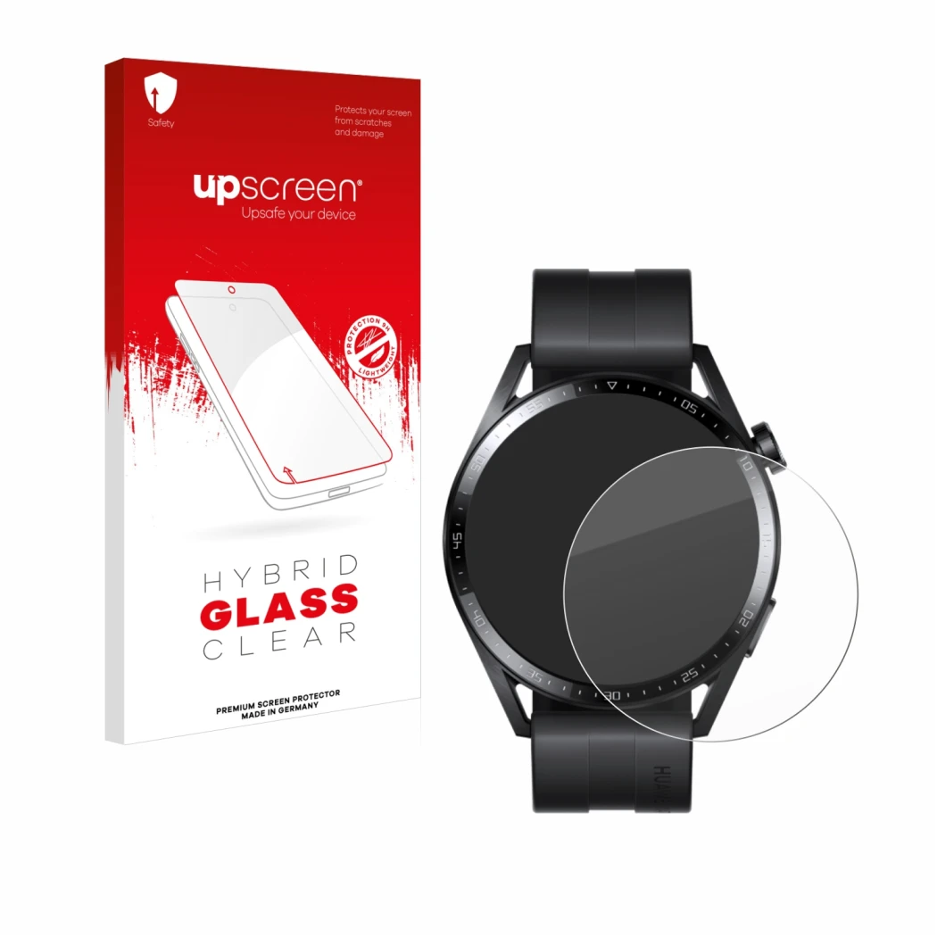 Vorderseite einer Produktverpackung mit dem Markenlogo upscreen. Daneben ist das Gerät Huawei Watch GT 3 (46 mm) mit dem zugeh