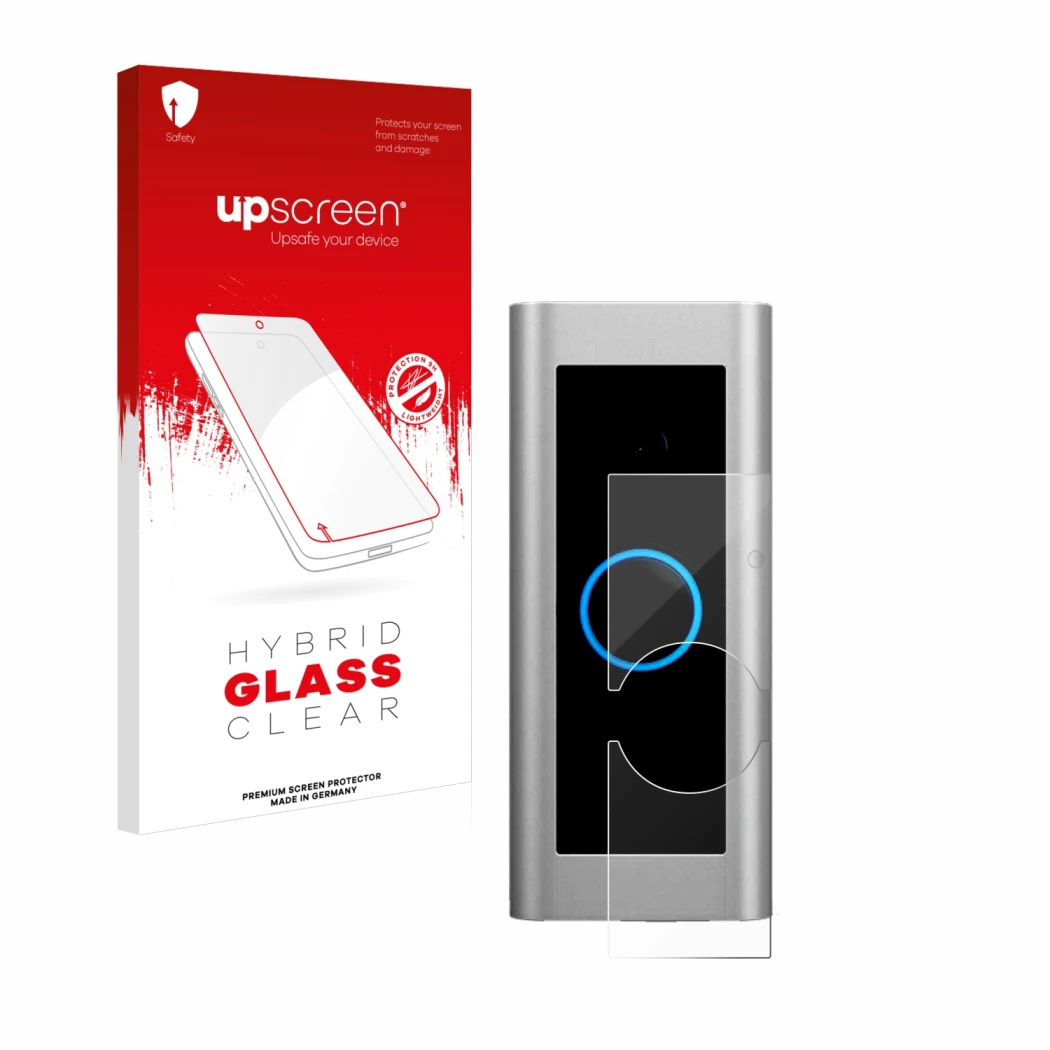 Vorderseite einer Produktverpackung mit dem Markenlogo upscreen. Daneben ist das Gerät Ring Video Doorbell Pro 2 mit dem zugeh