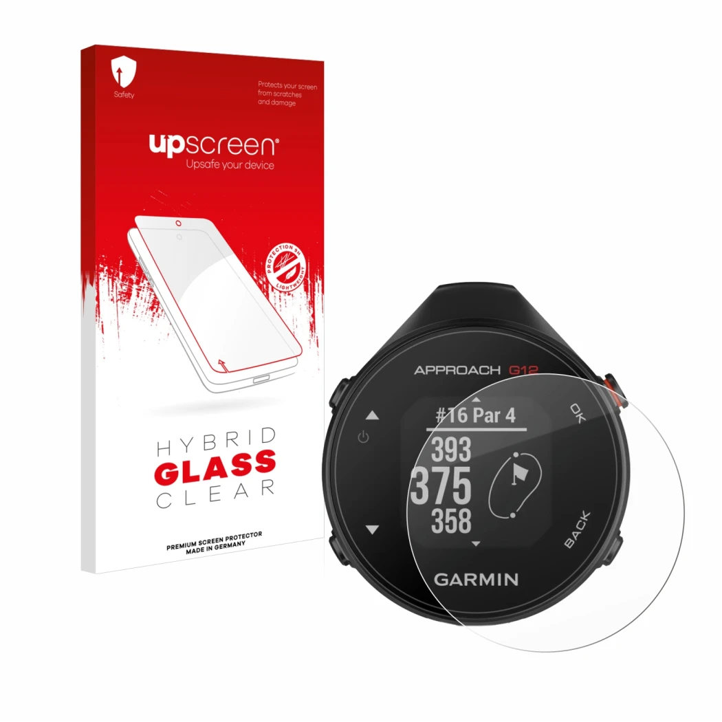 Vorderseite einer Produktverpackung mit dem Markenlogo upscreen. Daneben ist das Gerät Garmin Approach G12 mit dem zugehörigen