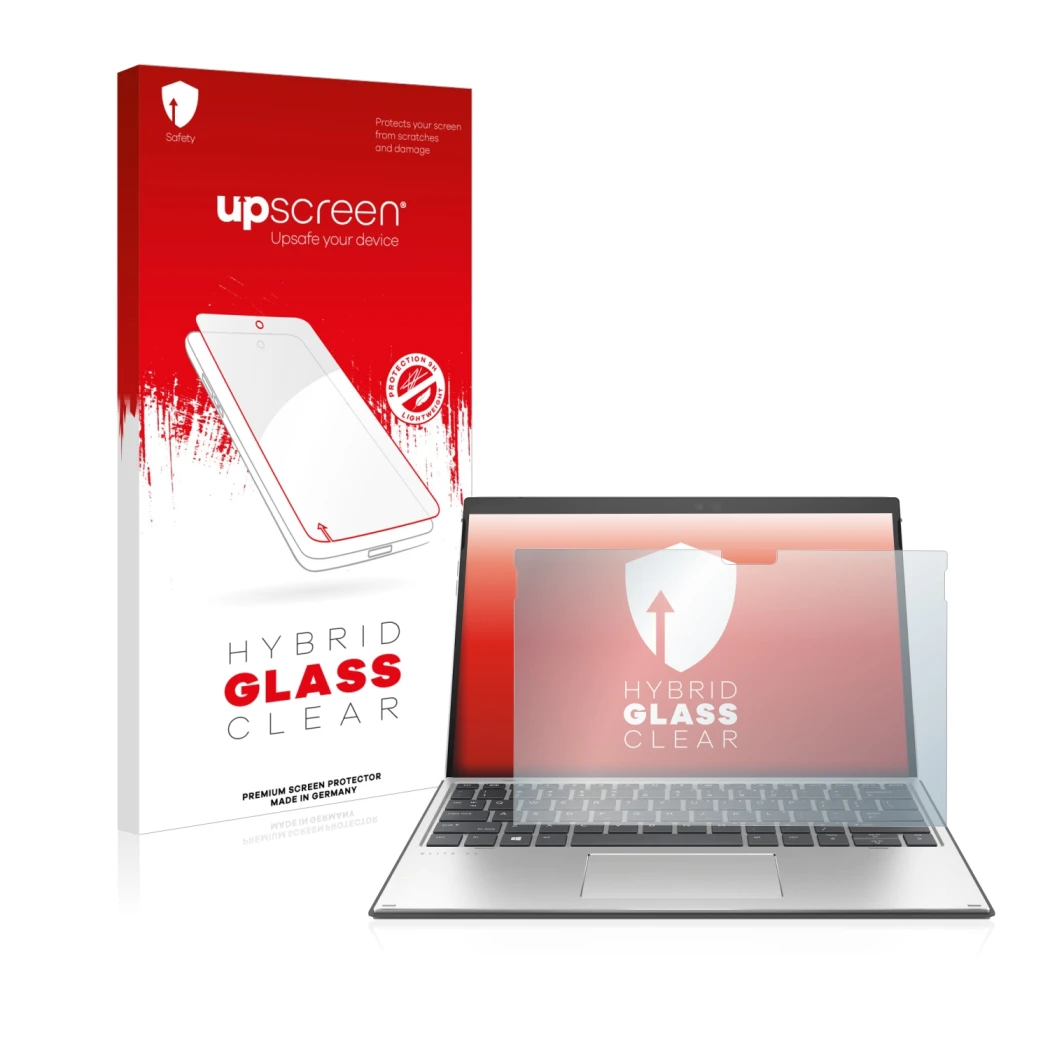 Vorderseite einer Produktverpackung mit dem Markenlogo upscreen. Daneben ist das Gerät HP Elite x2 G8 mit dem zugehörigen Disp