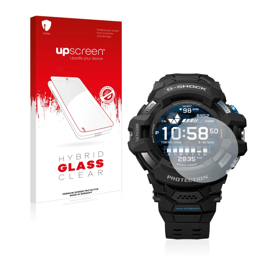 Vorderseite einer Produktverpackung mit dem Markenlogo upscreen. Daneben ist das Gerät Casio G-Shock GSW-H1000 mit dem zugehör