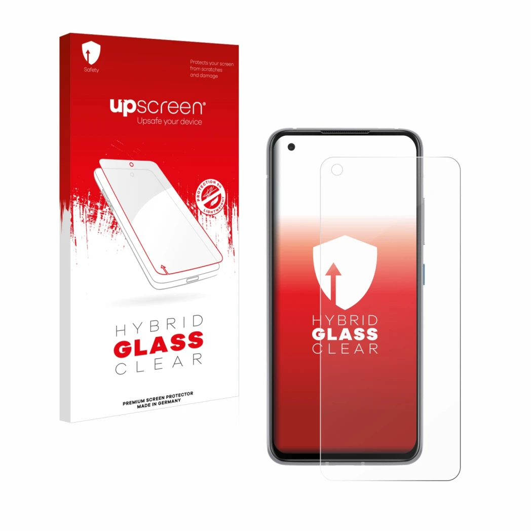 Vorderseite einer Produktverpackung mit dem Markenlogo upscreen. Daneben ist das Gerät ASUS ZenFone 8 mit dem zugehörigen Disp