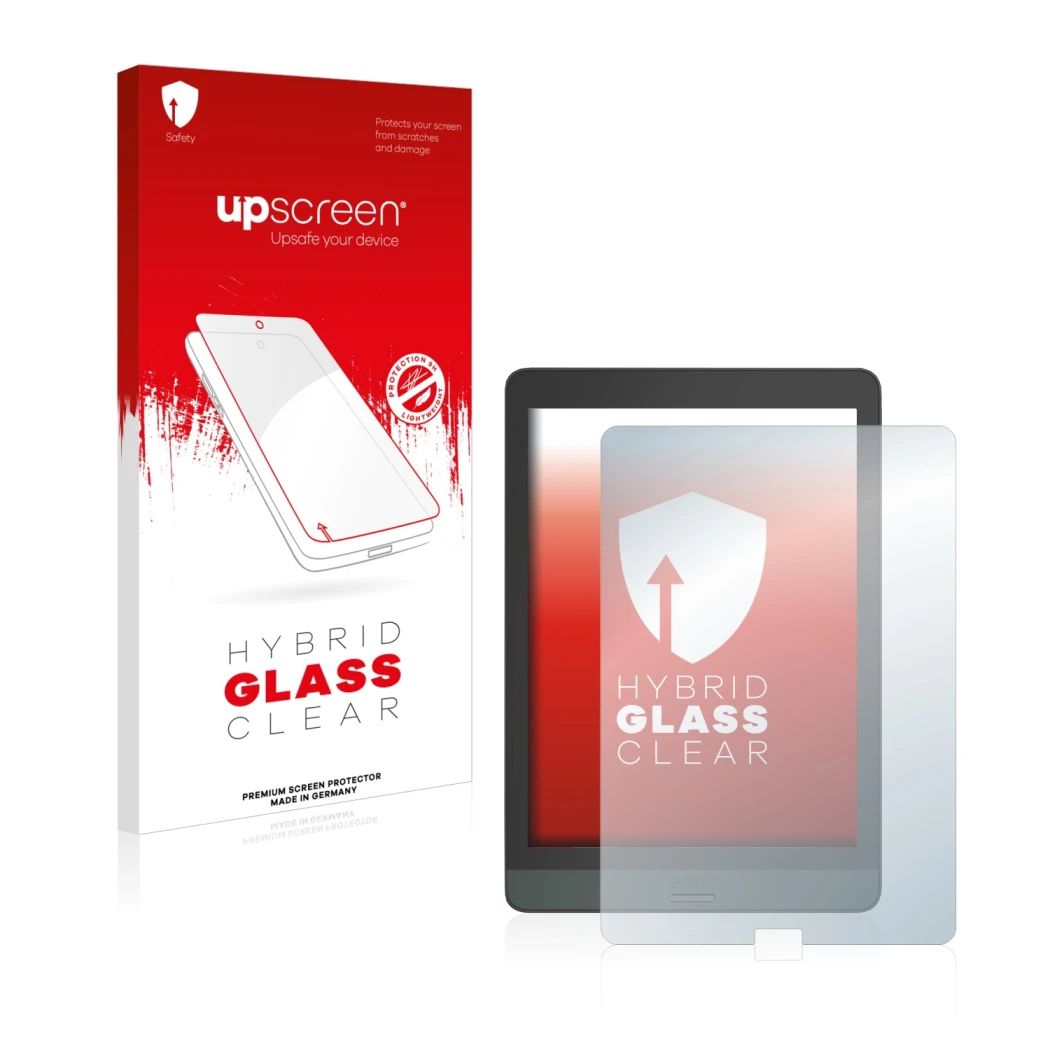 Vorderseite einer Produktverpackung mit dem Markenlogo upscreen. Daneben ist das Gerät Boox Nova 3 mit dem zugehörigen Display