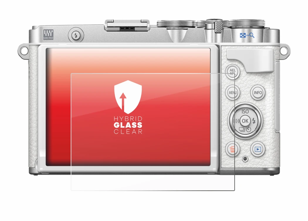 Abbildung des Geräts Olympus PEN E-P7 mit einer Vielzahl des Displayschutzes.