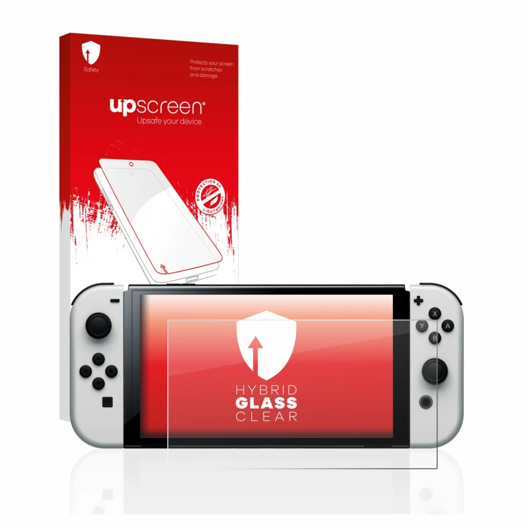 Vorderseite einer Produktverpackung mit dem Markenlogo upscreen. Daneben ist das Gerät Nintendo Switch OLED-Modell mit dem zug