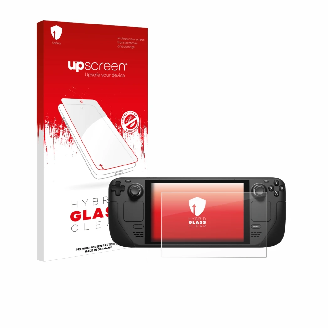 Vorderseite einer Produktverpackung mit dem Markenlogo upscreen. Daneben ist das Gerät Valve Steam Deck mit dem zugehörigen Di