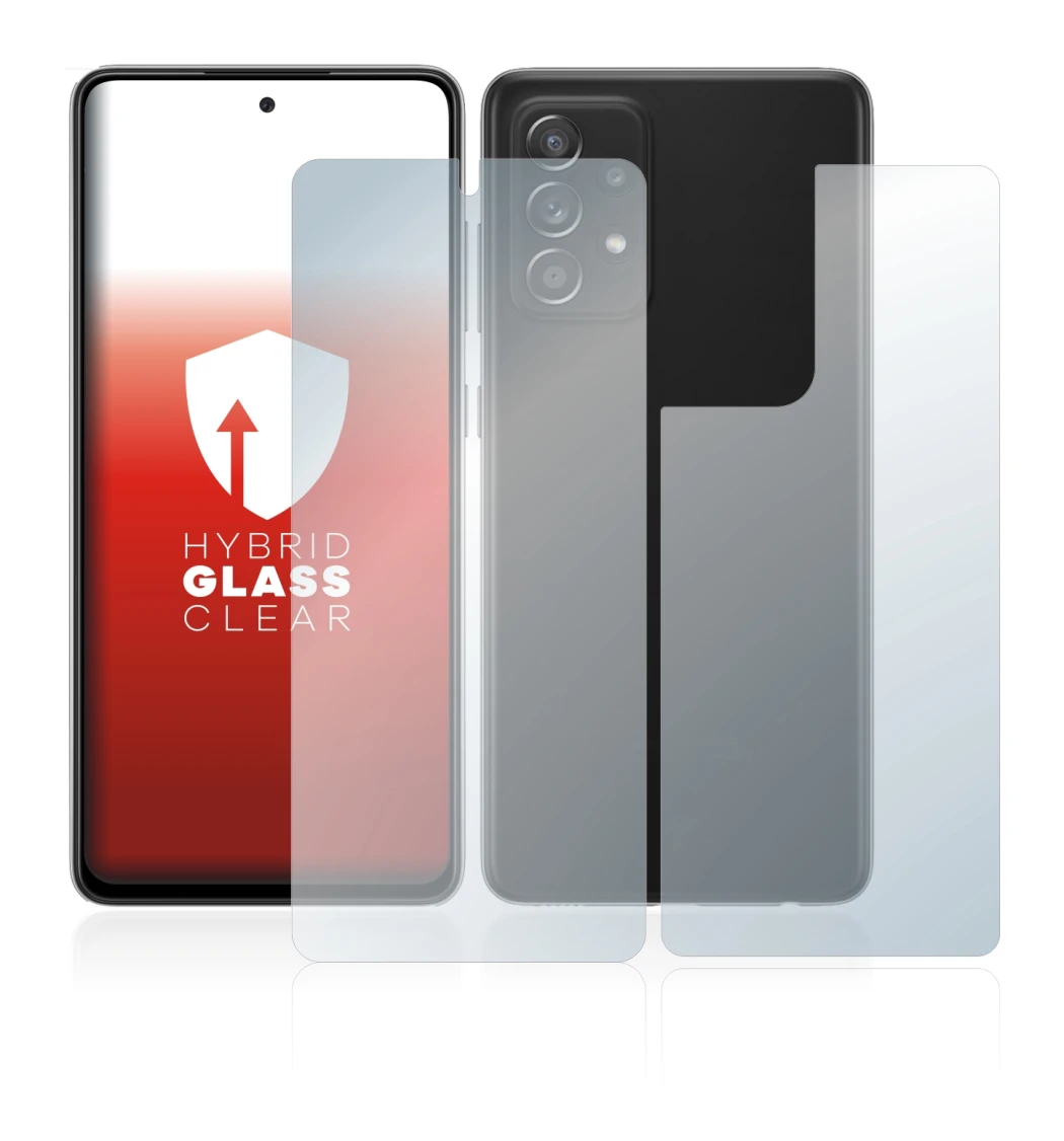 Abbildung des Geräts Samsung Galaxy A52s 5G (Display+Rückseite) mit einer Vielzahl des Displayschutzes.