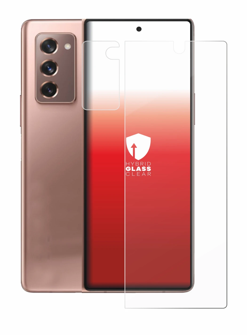 Abbildung des Geräts Samsung Galaxy Z Fold 2 5G (Display+Kamera) mit einer Vielzahl des Displayschutzes.