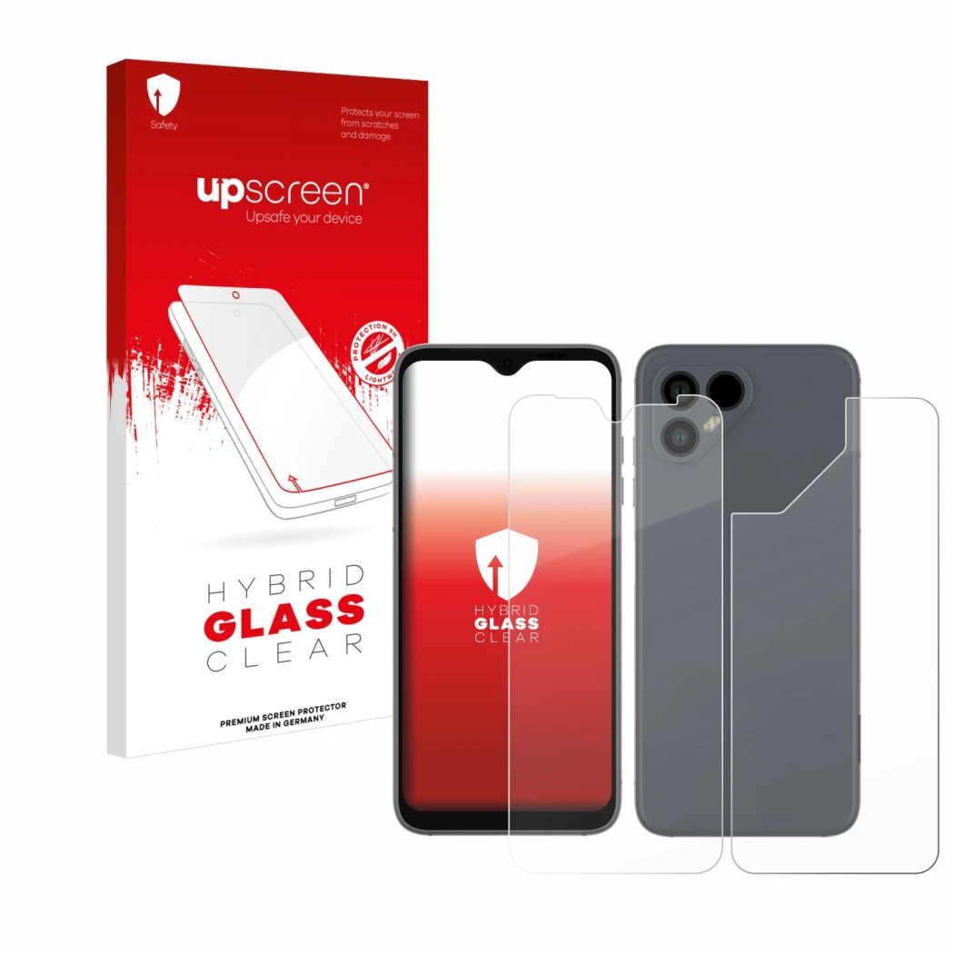 Vorderseite einer Produktverpackung mit dem Markenlogo upscreen. Daneben ist das Gerät Fairphone 4 (Display+Rückseite) mit dem