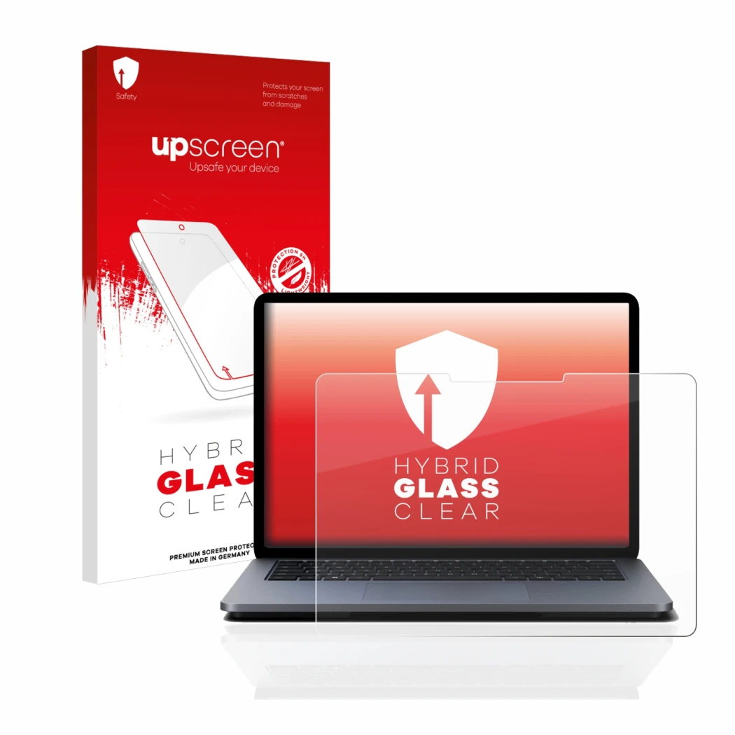 Vorderseite einer Produktverpackung mit dem Markenlogo upscreen. Daneben ist das Gerät Microsoft Surface Laptop Studio mit dem