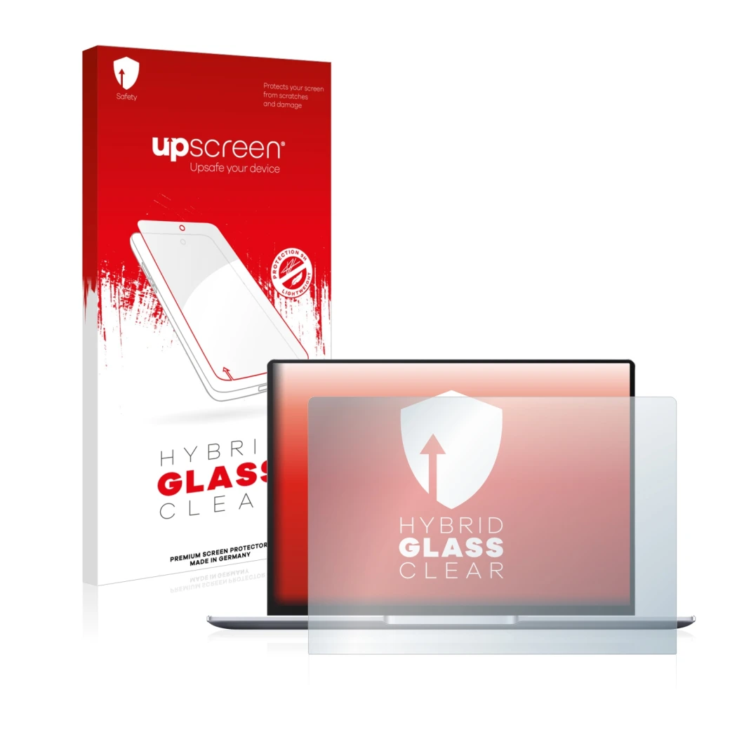 Vorderseite einer Produktverpackung mit dem Markenlogo upscreen. Daneben ist das Gerät Huawei MateBook 14 2021 mit dem zugehör