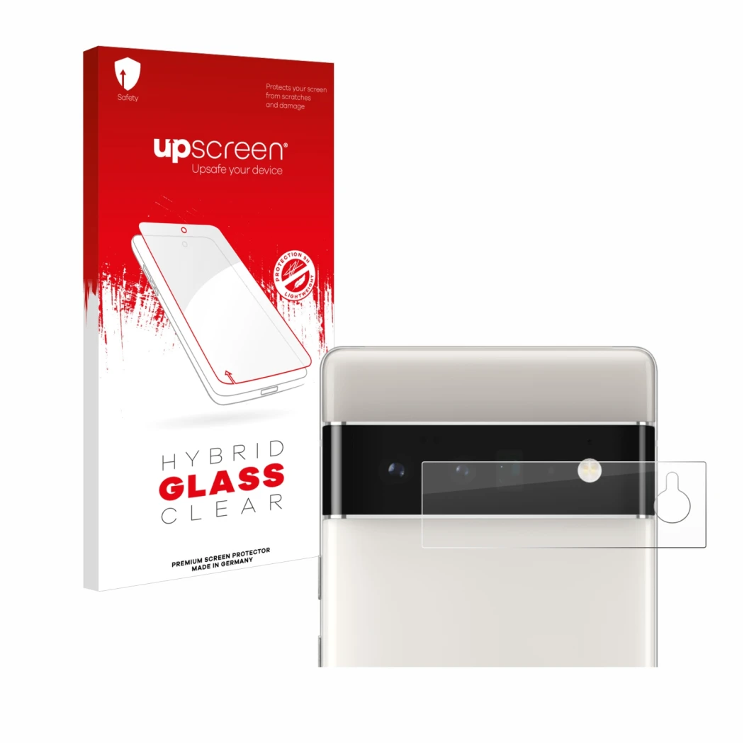 Vorderseite einer Produktverpackung mit dem Markenlogo upscreen. Daneben ist das Gerät Google Pixel 6 Pro (NUR Kameraschutz) m