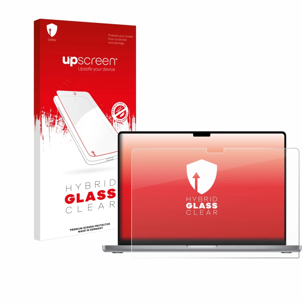 Vorderseite einer Produktverpackung mit dem Markenlogo upscreen. Daneben ist das Gerät Apple MacBook Pro 16