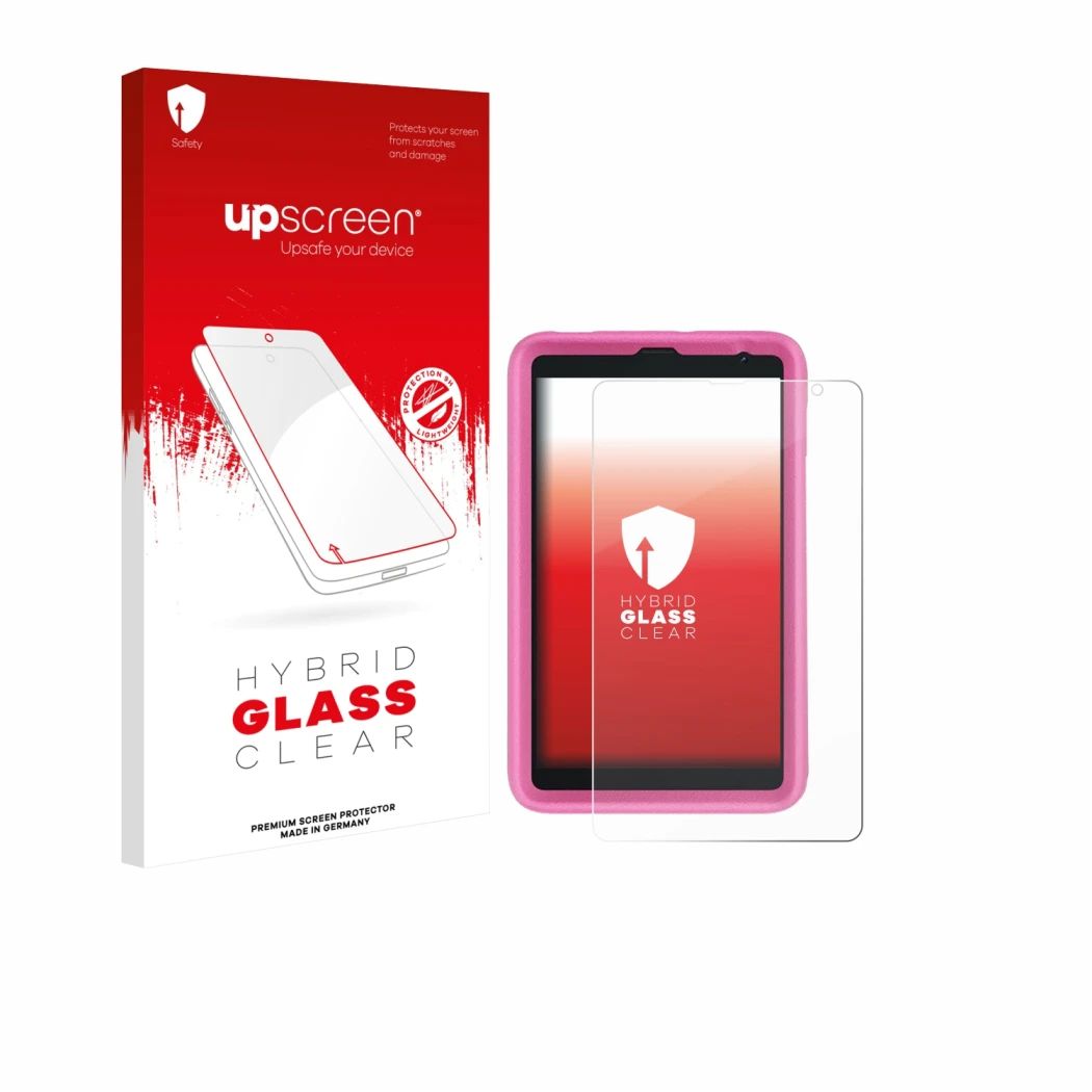 Vorderseite einer Produktverpackung mit dem Markenlogo upscreen. Daneben ist das Gerät Blackview Tab 6 Kids mit dem zugehörige