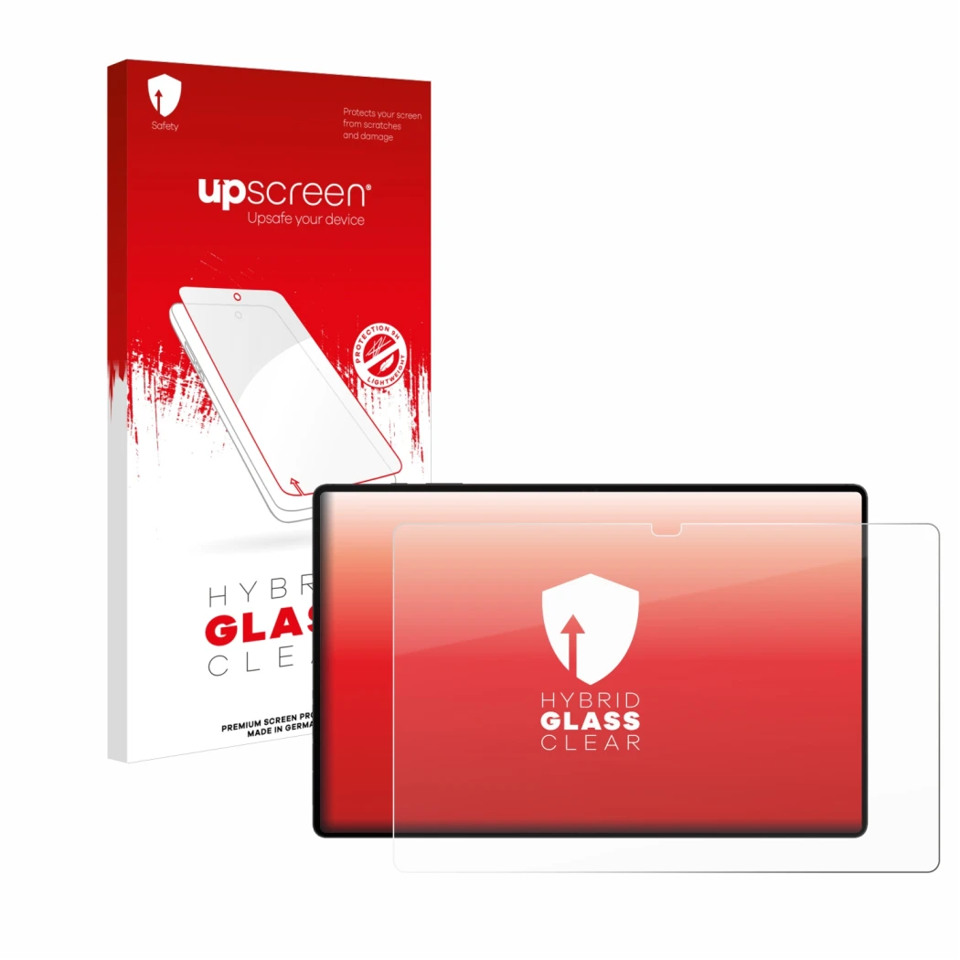 Vorderseite einer Produktverpackung mit dem Markenlogo upscreen. Daneben ist das Gerät Samsung Galaxy Tab S8 Ultra WiFi mit de