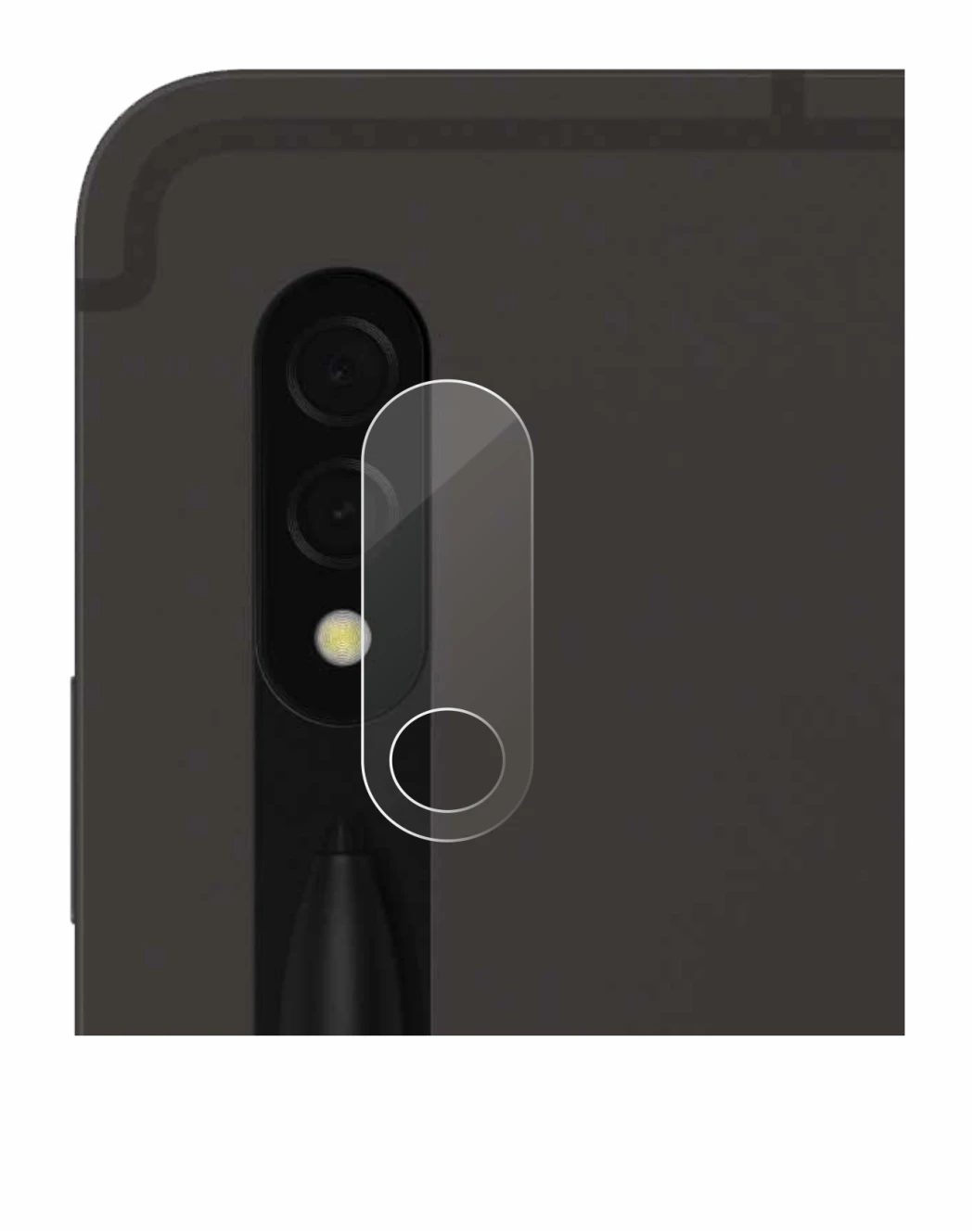 Abbildung des Geräts Samsung Galaxy Tab S8 5G (NUR Kameraschutz) mit einer Vielzahl des Displayschutzes.