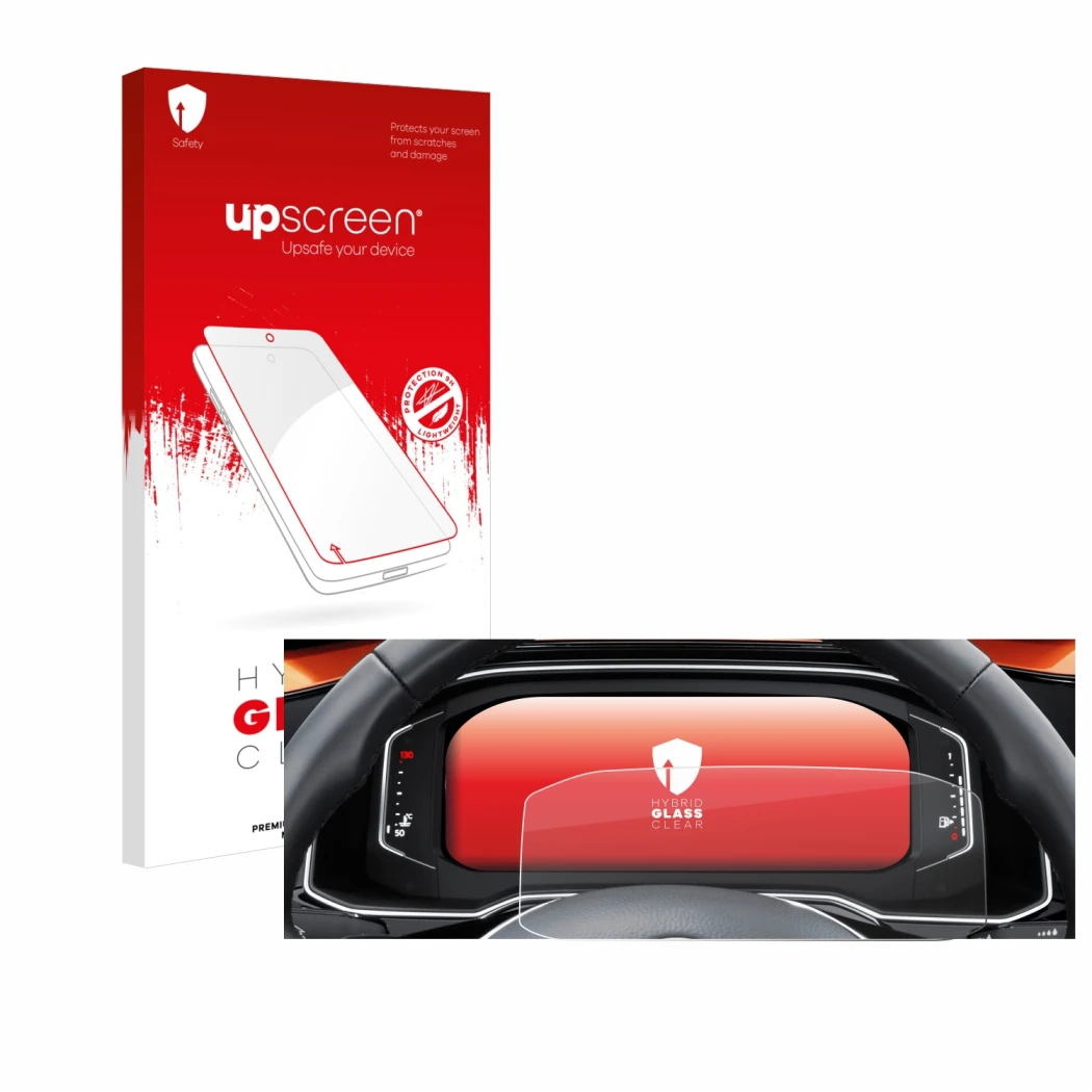 Vorderseite einer Produktverpackung mit dem Markenlogo upscreen. Daneben ist das Gerät Volkswagen Polo 6 Digital Cockpit Pro m