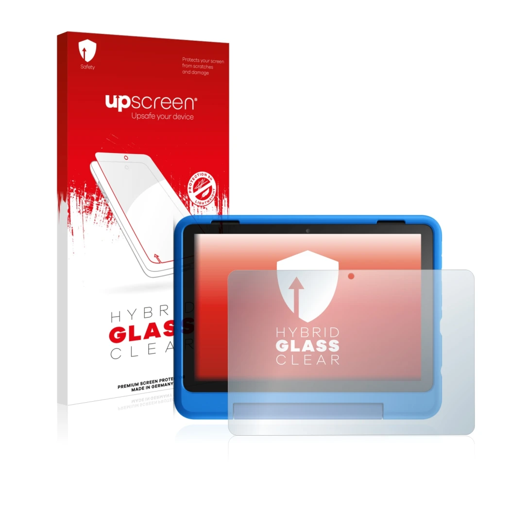 Vorderseite einer Produktverpackung mit dem Markenlogo upscreen. Daneben ist das Gerät Amazon Fire HD 8 Kids Pro Edition 2021