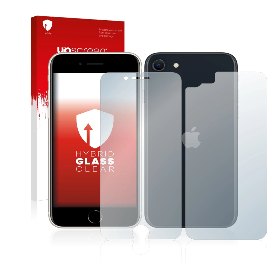 Vorderseite einer Produktverpackung mit dem Markenlogo upscreen. Daneben ist das Gerät Apple iPhone SE 3 2022 (Display+Rücksei