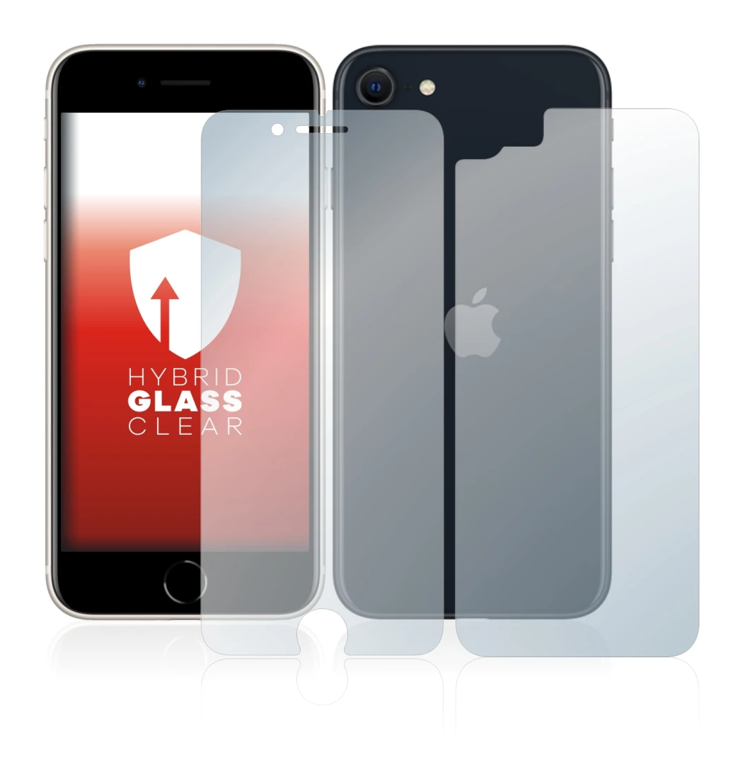 Abbildung des Geräts Apple iPhone SE 3 2022 (Display+Rückseite) mit einer Vielzahl des Displayschutzes.