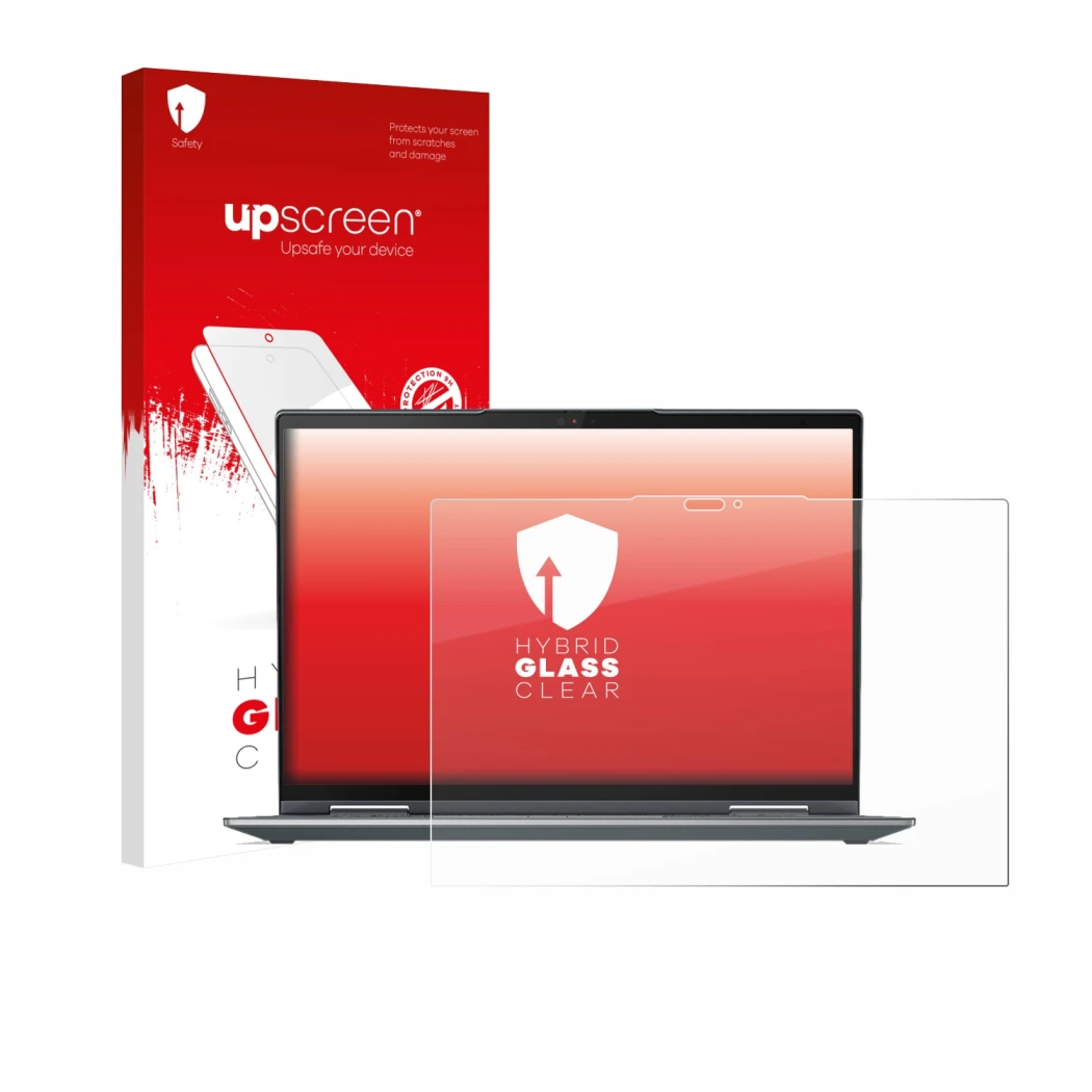 Vorderseite einer Produktverpackung mit dem Markenlogo upscreen. Daneben ist das Gerät Lenovo ThinkPad X1 Yoga Gen 7 mit dem z