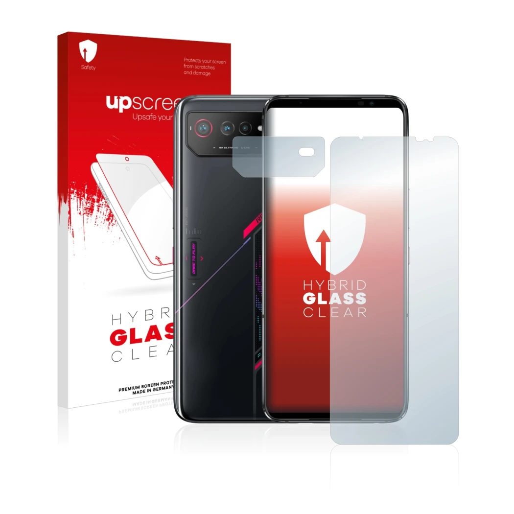 Vorderseite einer Produktverpackung mit dem Markenlogo upscreen. Daneben ist das Gerät ASUS ROG Phone 6 (Display+Kamera) mit d