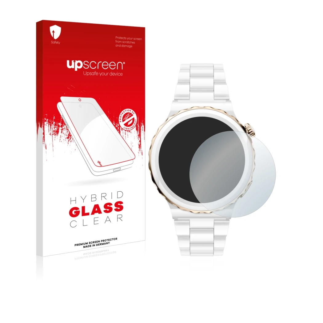 Vorderseite einer Produktverpackung mit dem Markenlogo upscreen. Daneben ist das Gerät Huawei Watch GT 3 Pro Ceramic (43mm) mi