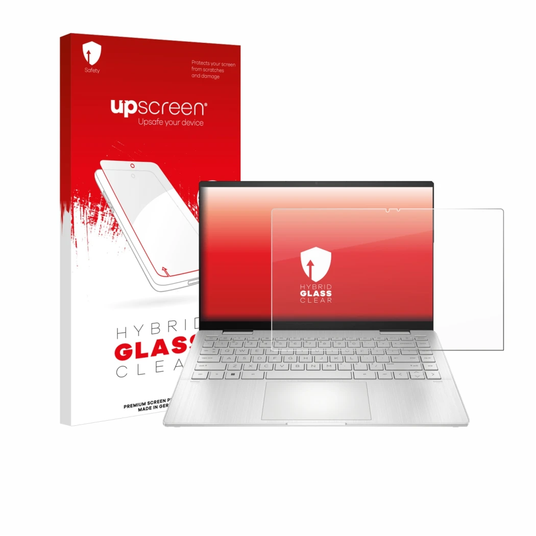 Vorderseite einer Produktverpackung mit dem Markenlogo upscreen. Daneben ist das Gerät HP Pavilion x360 2-in-1 (14-ekX) mit de