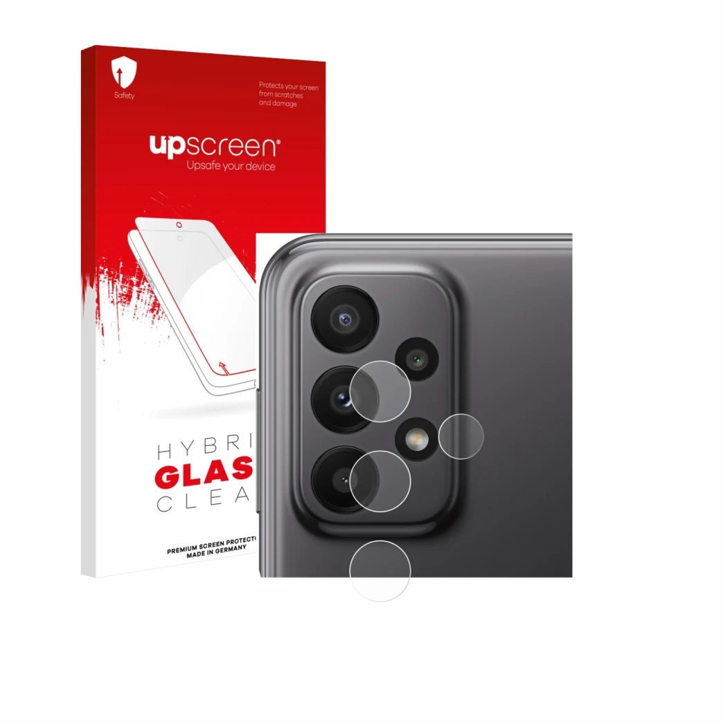 Vorderseite einer Produktverpackung mit dem Markenlogo upscreen. Daneben ist das Gerät Samsung Galaxy A23 5G (NUR Kameraschutz