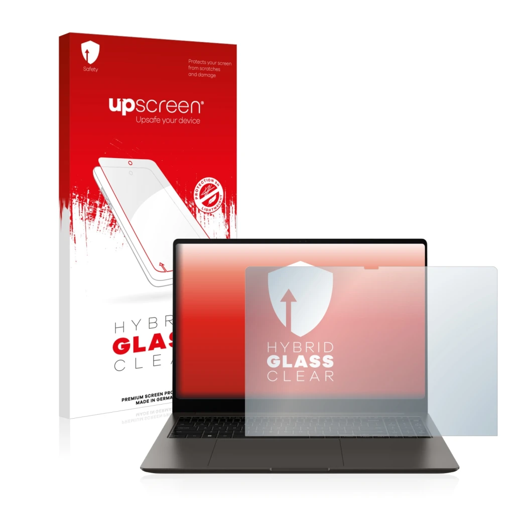 Vorderseite einer Produktverpackung mit dem Markenlogo upscreen. Daneben ist das Gerät Samsung Galaxy Book3 Ultra 16