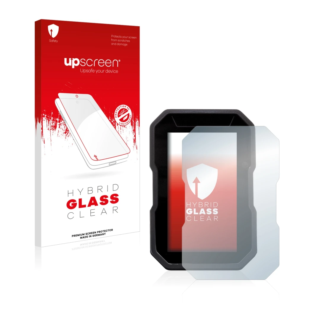 Vorderseite einer Produktverpackung mit dem Markenlogo upscreen. Daneben ist das Gerät Ducati DesertX 2022 mit dem zugehörigen