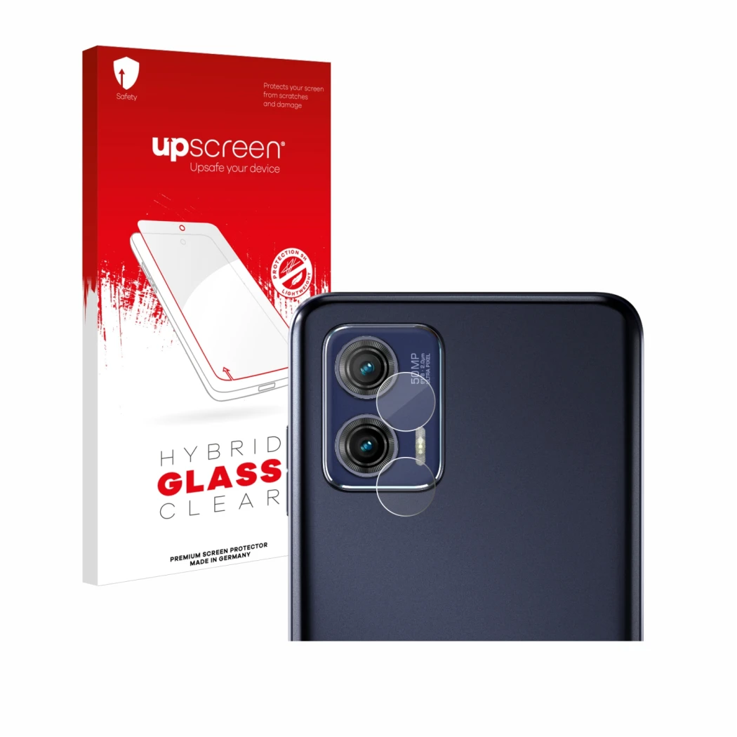 Vorderseite einer Produktverpackung mit dem Markenlogo upscreen. Daneben ist das Gerät Motorola Moto G73 5G (NUR Kameraschutz)