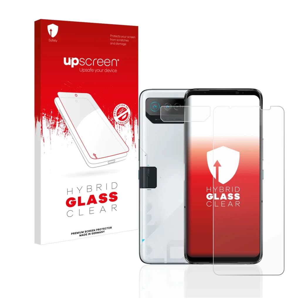 Vorderseite einer Produktverpackung mit dem Markenlogo upscreen. Daneben ist das Gerät ASUS ROG Phone 7 Ultimate (Display+Kame